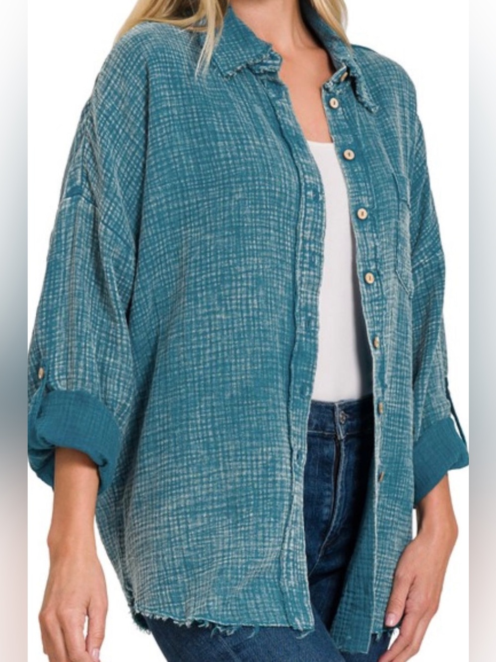 Zenana Mineral Washed Gauzed 
Distressed Button down shirt Teal  
NWOT Small OS